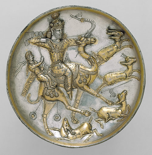 Plate with a hunting scene from the tale of Bahram Gur and Azadeh, 5th century; Sasanian period Iran - Metropolitan Museum, New York, accession no. 1994-402 | Courtesy of MET Museum